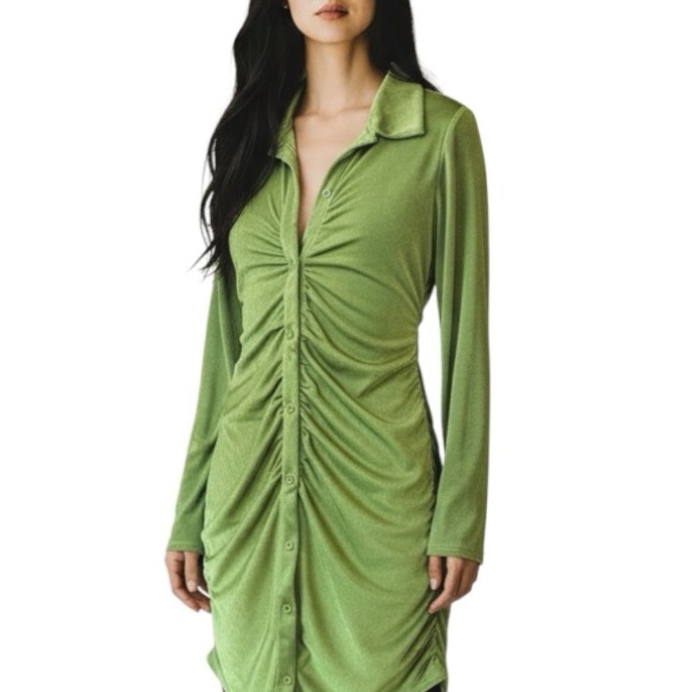 Green Ruched Button-Up Dress - Picture 1 of 6